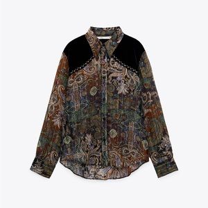 Zara Printed velvet blouse maroon and black paisley print